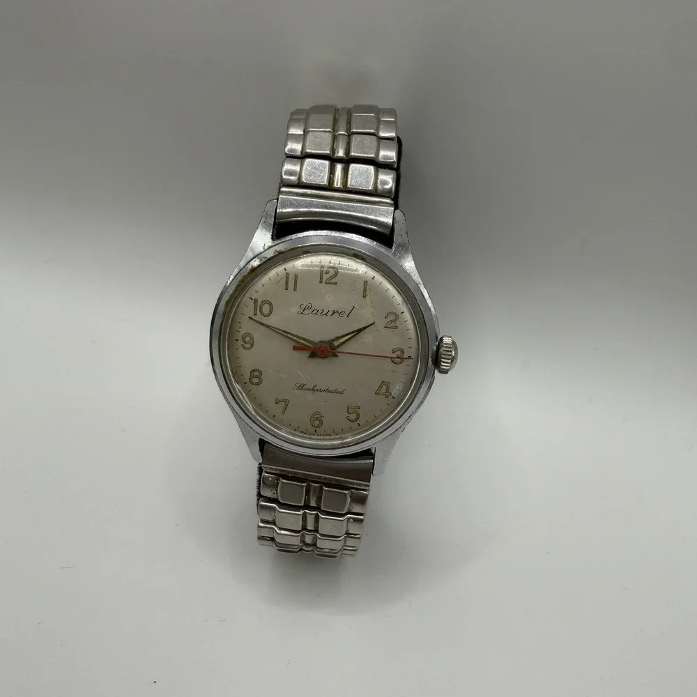 Vintage Laurel Watch Silver Shock protected Wind Up Stretch Band Needs Battery